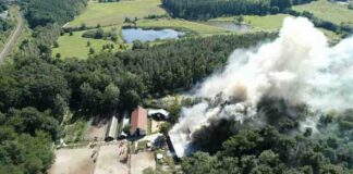 Pożar stajni w Zielonej Górze. Trwa dogaszanie (FILM Z DRONA, ZDJĘCIA CZYTELNIKA)
