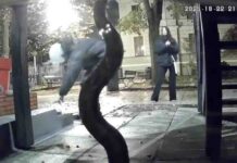 Zielona Góra. Bezczelna kradzież. Młodzi ludzie wyrwali figurkę królika spod sklepu zoologicznego na starówce (FILM)