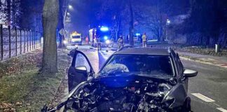 Krosno Odrzańskie. Uderzył Mazdą w drzewo z taką siła, że wypadł silnik, 22-latek pijany