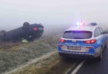 Dachowanie osobówki. Kierowca we mgle nie zauważył zakrętu