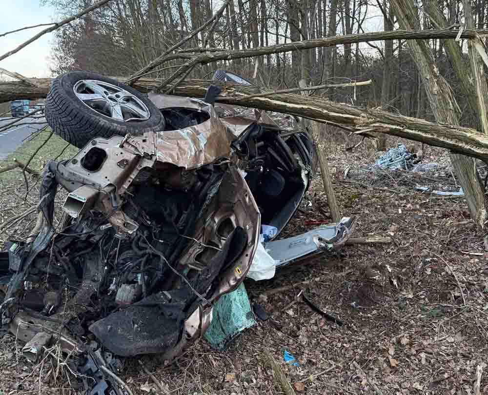 Wypadek koło Świebodzina. Samochód rozbity o drzewo, wypadł silnik